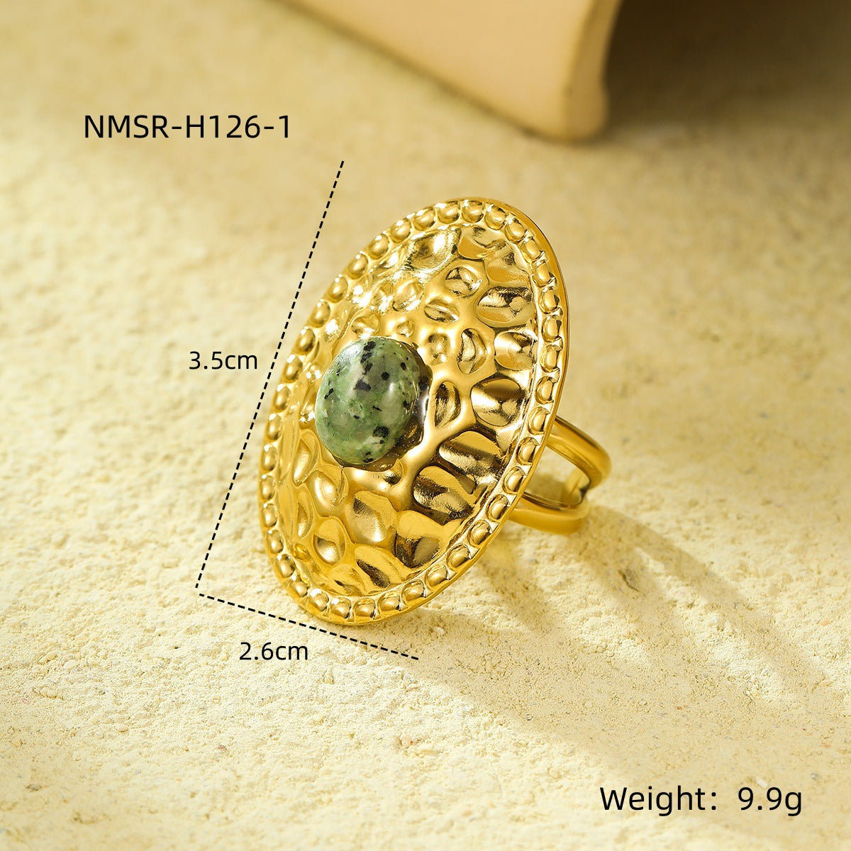 Elegante anillo de acero inoxidable ovalado arrugado estilo vintage francés con incrustaciones de piedra natural para mujer