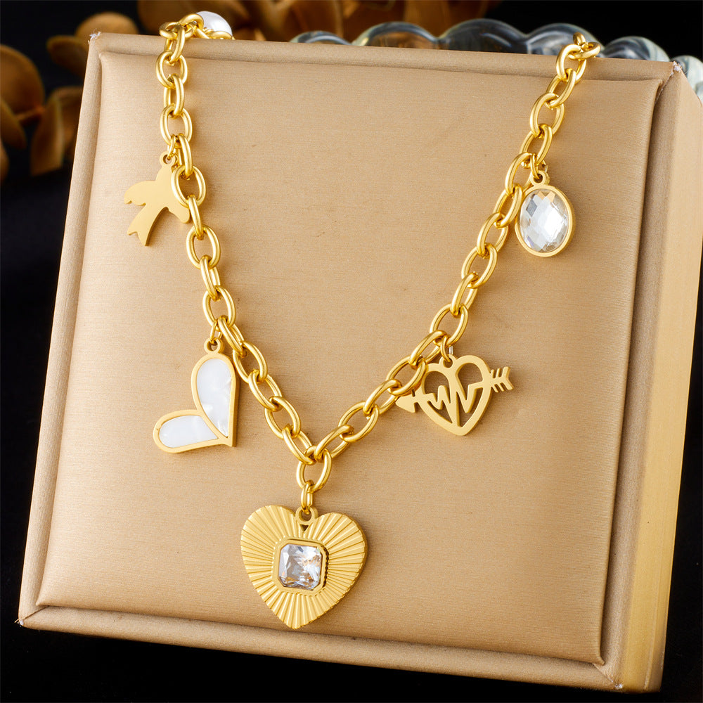 Elegant Heart Rhinestone Inlay Plated Stainless Steel Necklace with Cable Chain for Women
