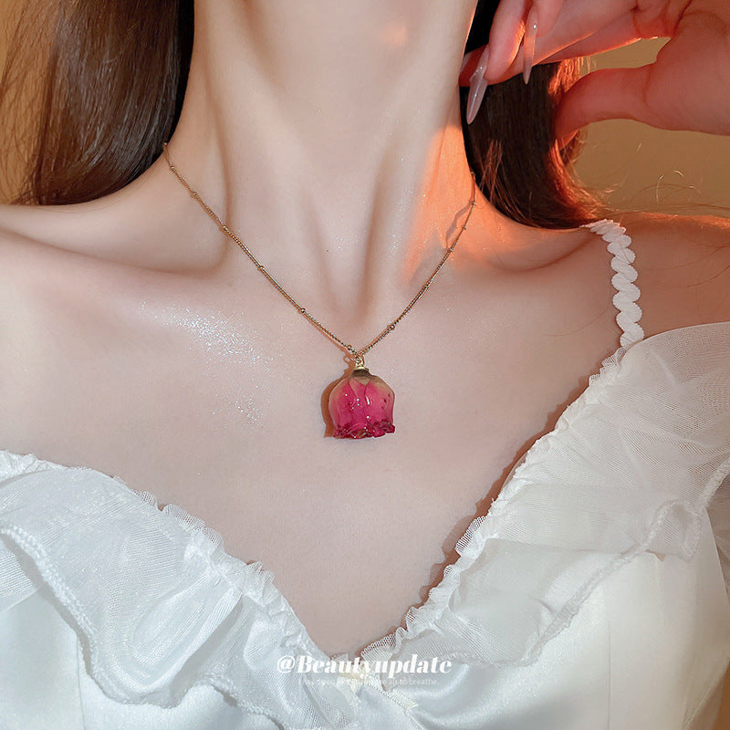 Set collana e orecchini Sweet Floral in acciaio inossidabile con rosa essiccata per donna, con ciondolo in rame e finitura placcata