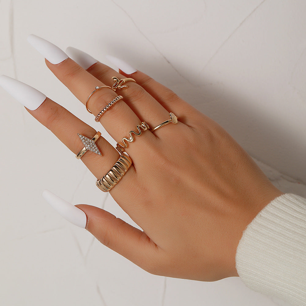 Minimalist Geometric Butterfly Rhinestone Pearl Drip Oil Alloy Ring Set for Women