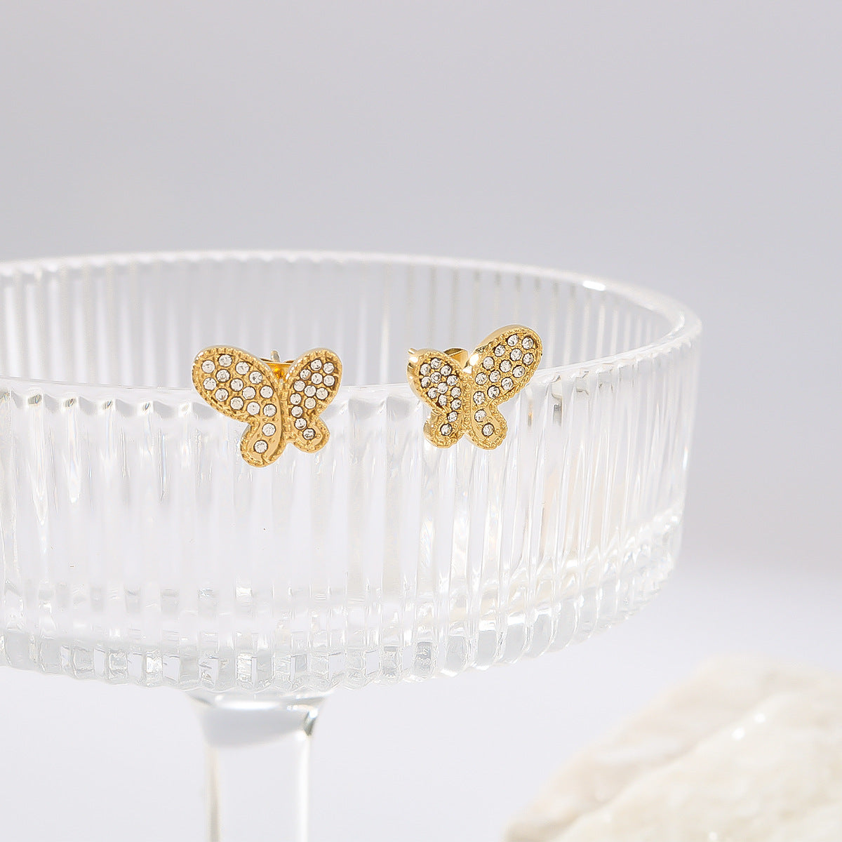 Minimalist Butterfly-Shaped Stainless Steel Earrings with Rhinestone Inlay Asymmetrical Design Hypoallergenic 18K Gold Plated