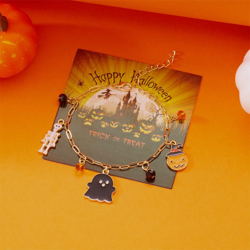 Bracciale in lega con teschio di zucca a cartone animato gotico scuro da donna con finitura placcata