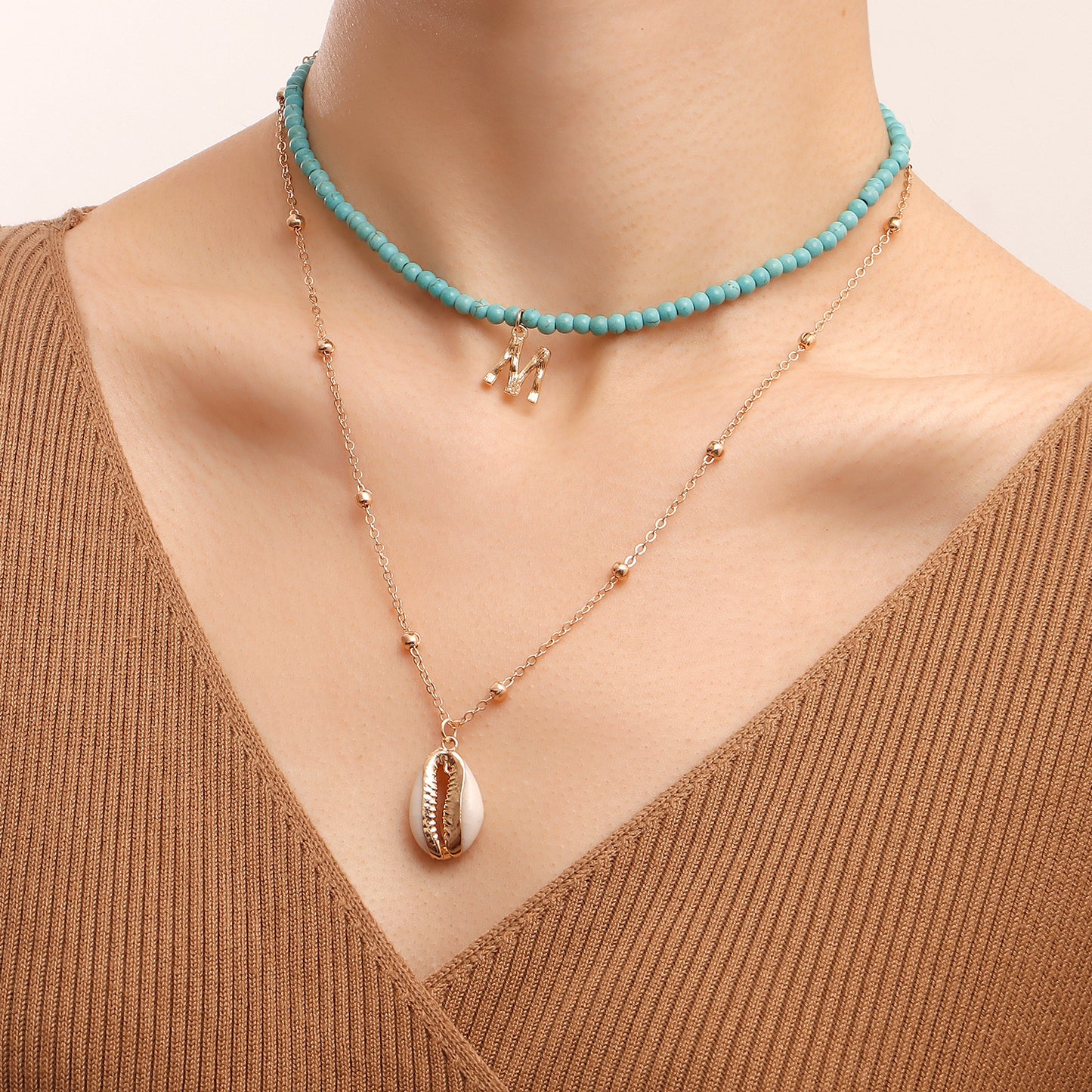 Minimalist Double-Layer Turquoise Necklace with Shell Pendant and Letter M Charm for Women Alloy Chain with Plating Finish