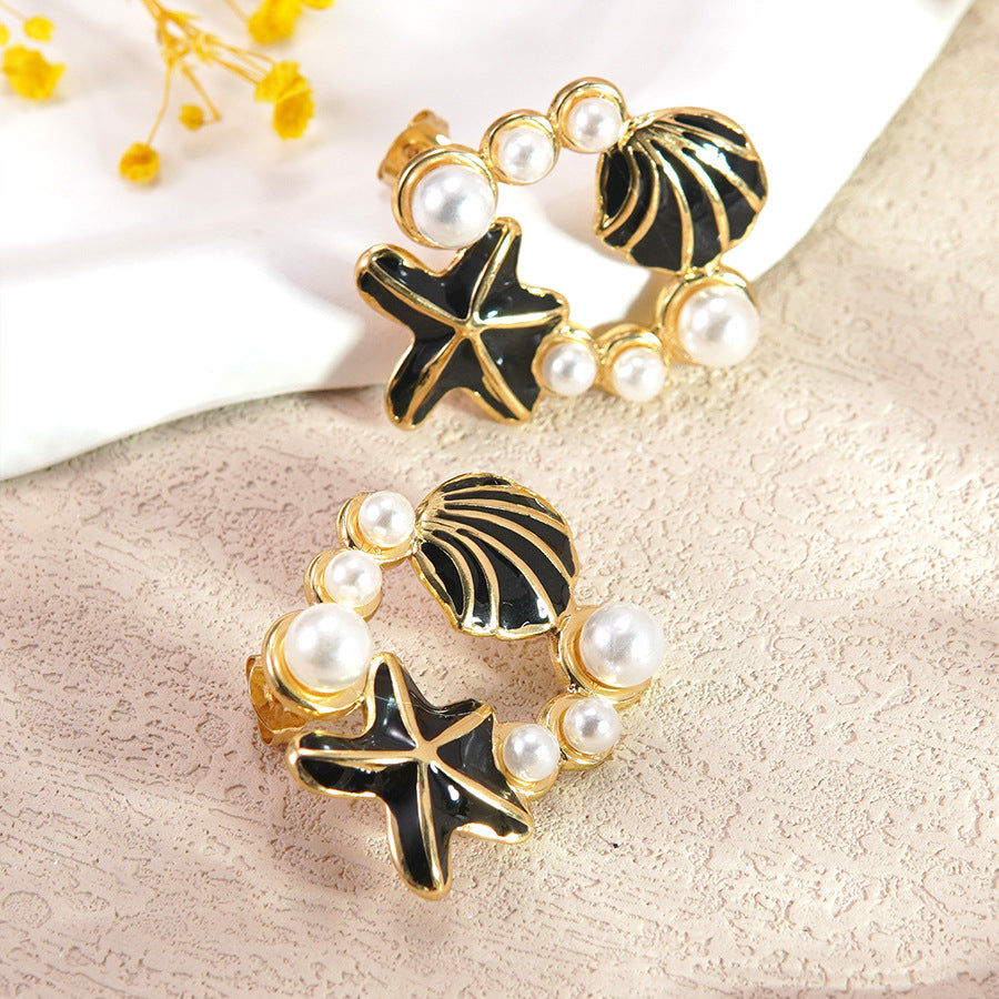 Sweet Drip Oil Pearl Shell Starfish Animal Stud Earrings in Stainless Steel for Women