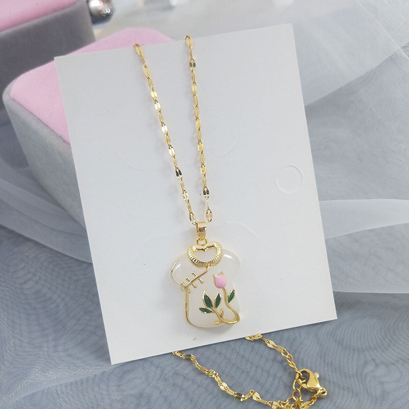 Minimalist Tulip-Shaped Titanium Steel Pendant Necklace with Gold-Plated Alloy Inlay for Women