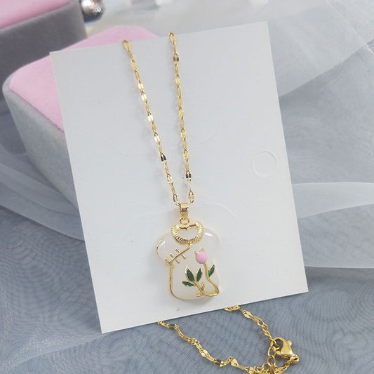 Collar con colgante minimalista con forma de tulipán, de acero titanio con incrustaciones de aleación bañada en oro para mujer