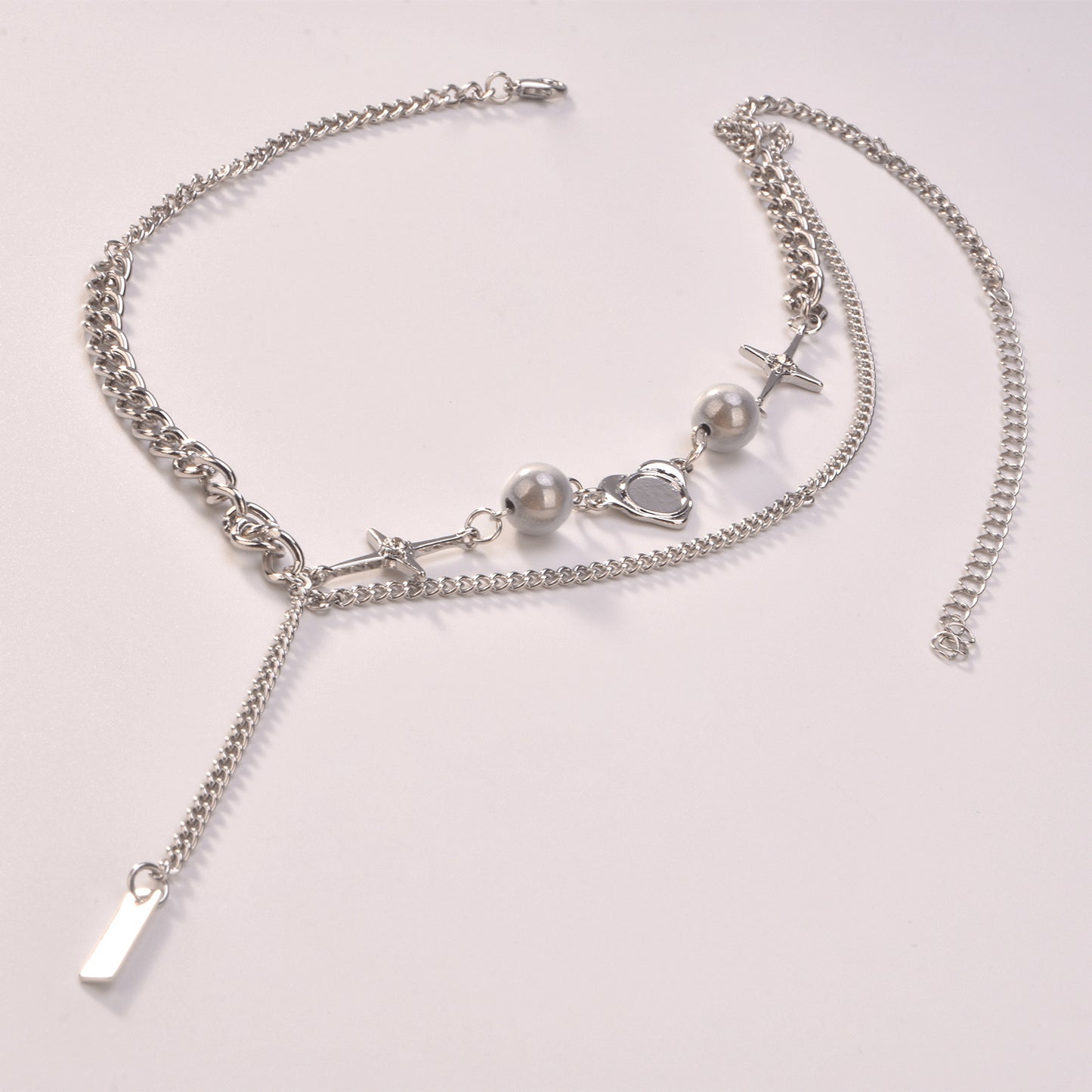 Retro Geometric Pendant Necklace for Women with Stainless Steel Chain, Luminescent Pearl and Rhinestone Star Accent, Fringe Detail, Plated Finish