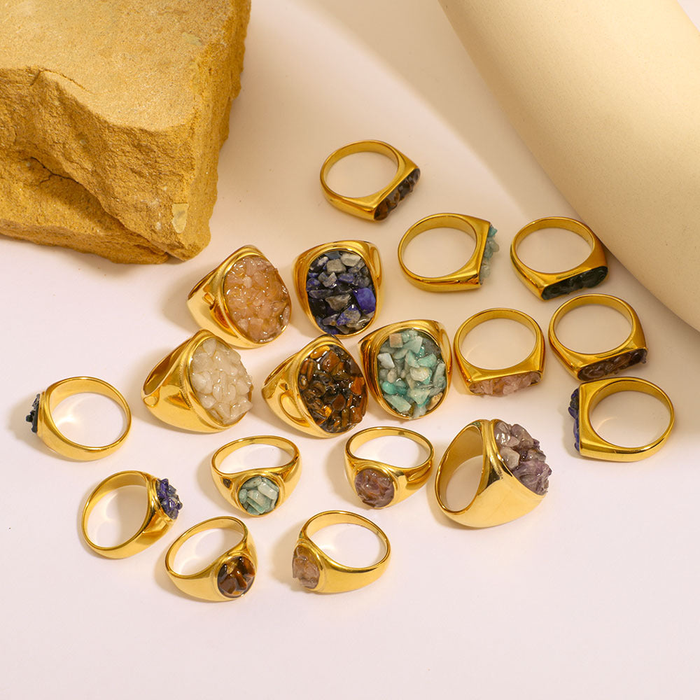 Anello Minimalista in Acciaio al Titanio con Intarsio in Pietra Naturale, Design a U e Geometrico, Finitura Galvanizzata per Uomo e Donna