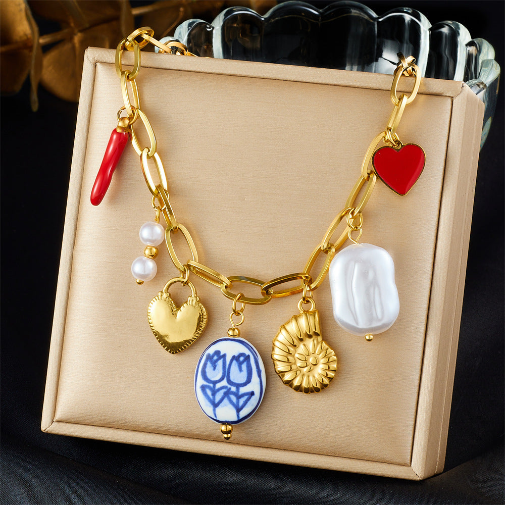 Sweet Gold Plated Drip Oil Heart Floral Stainless Steel Pendant Necklace for Women