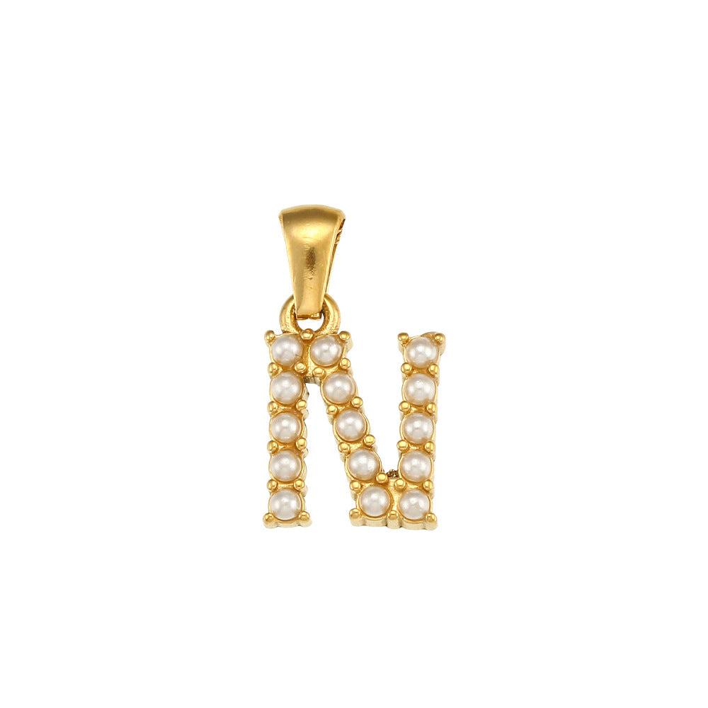 Minimalist Letter Pendant Necklace Stainless Steel with 18K Gold Plating Micro-Pave Zirconia and Pearl Accents
