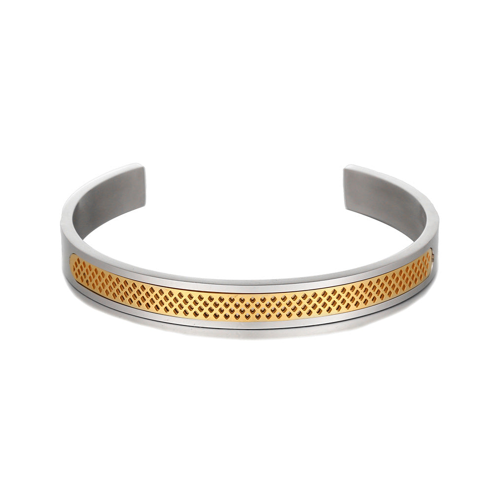 Punk Vintage Geometric Hollow Mesh Plated Stainless Steel Open Cuff Bracelet for Men and Women