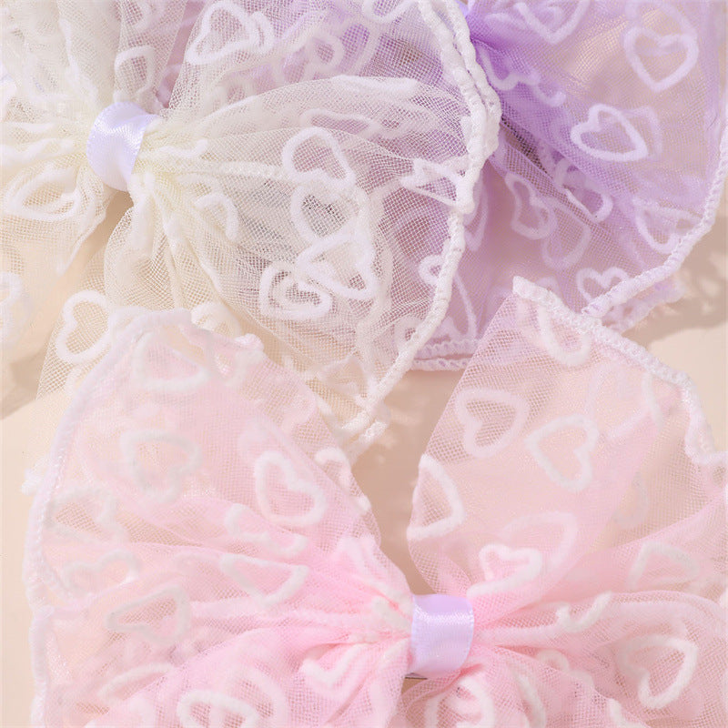 Natural Style Bow-Shaped Hair Clip for Kids Made of Plastic Resin with Ruffled Mesh and Spring-Loaded Duckbill Design
