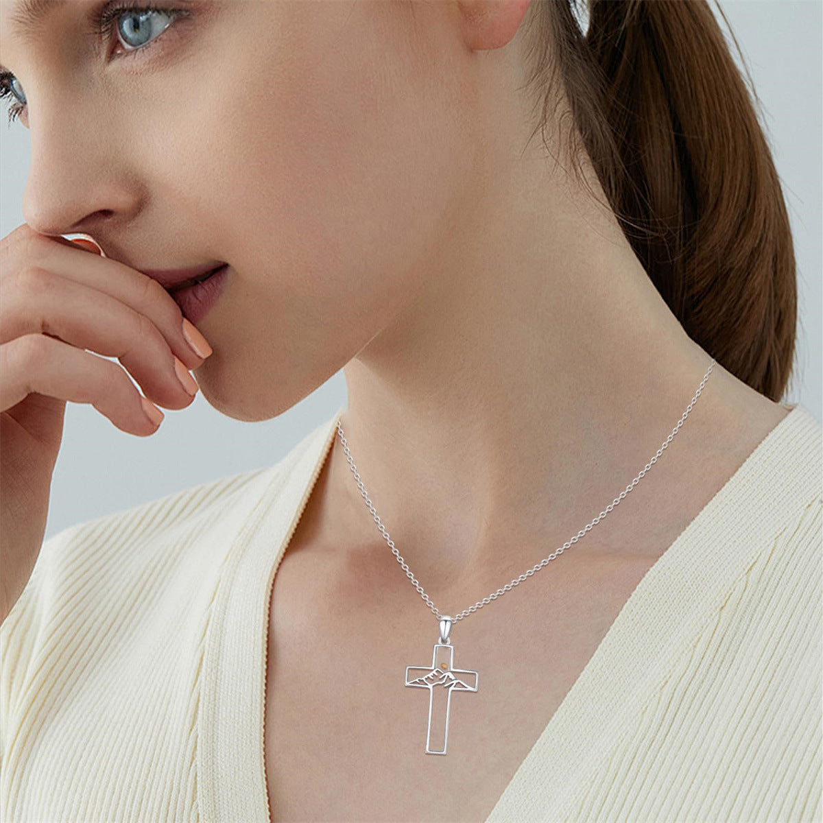 Minimalist Silver-Tone Stainless Steel Cross Pendant Necklace for Women with Plated Finish