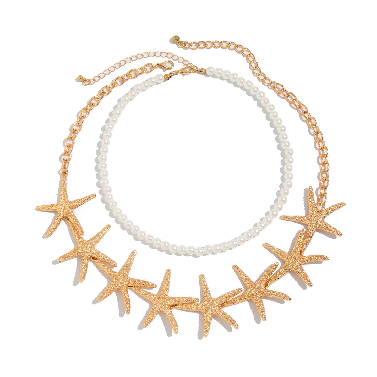 Collana girocollo a strati da donna con ciondolo a forma di stella marina chic, perle simulate e lega placcata, stile marino per vacanze