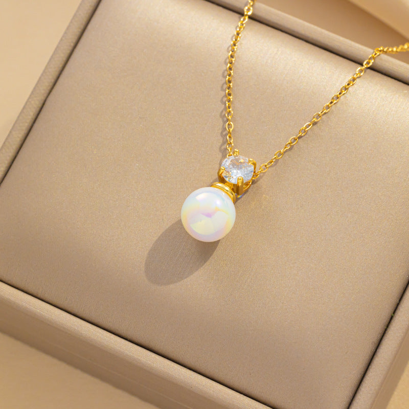 Minimalist Geometric Pearl-Shell Pendant Necklace for Women with Titanium Steel Chain and Plated Finish