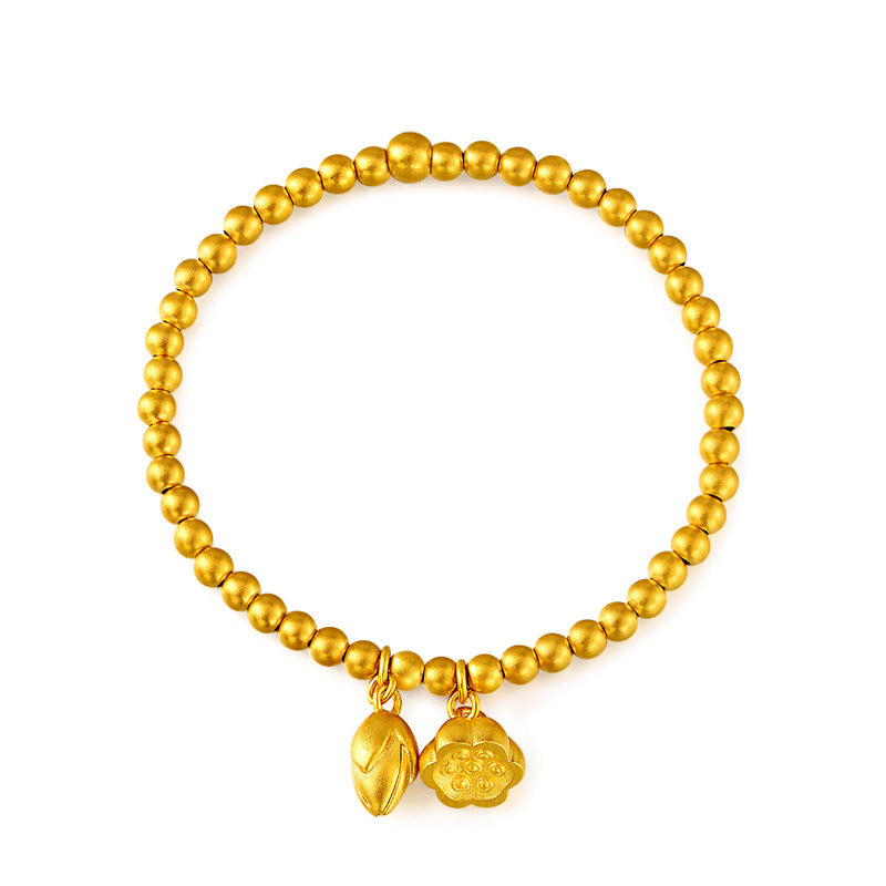 Bracciale con perline a forma di baccello e fiore di loto geometrico in stile lusso leggero, in metallo color oro e argento con cordino elastico