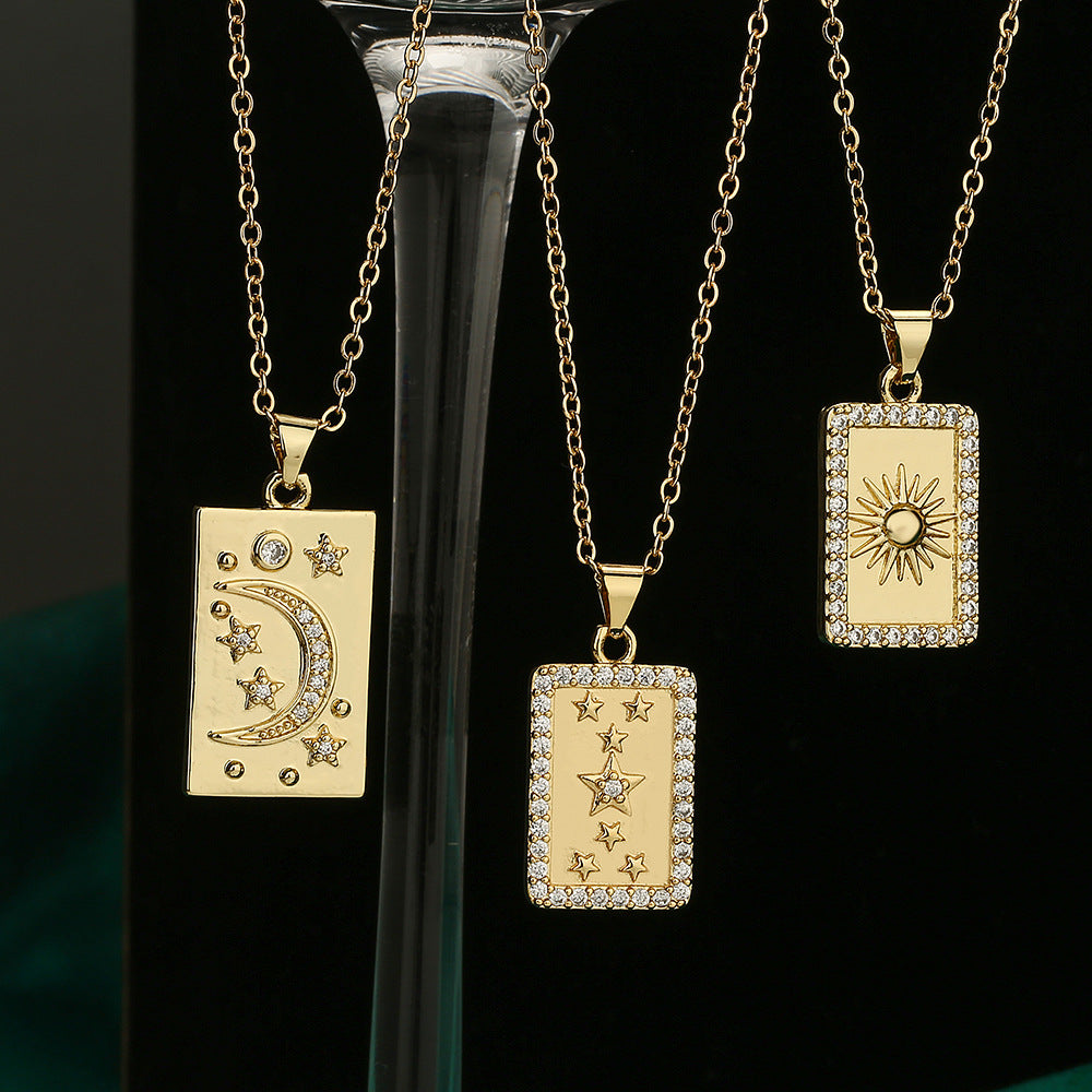 Geometric Sun Star Moon Square Pendant Necklace in Copper with 18K Gold Plating and Zircon Inlay for Women