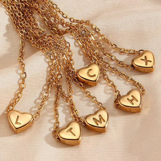 Fashionable Heart-Shaped Stainless Steel Pendant Necklace with 18K Gold Plating, Minimalist Letter Design for Women