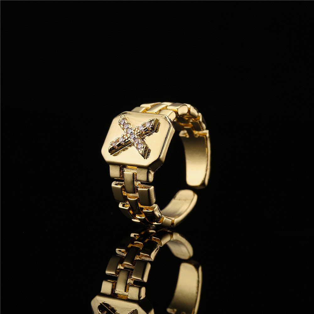 Minimalist Adjustable Open Ring with 18K Gold Plated Copper Band and AAA Zircon Letters Design
