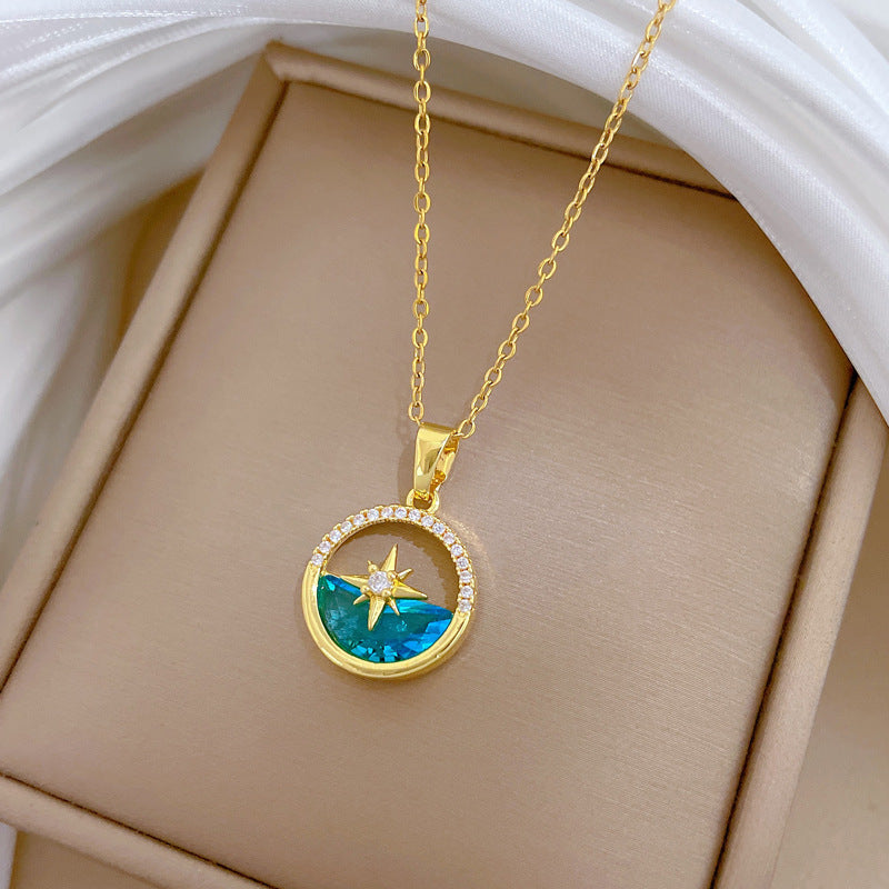 Sweet Geometric Star Moon Rhinestone Plated Titanium Steel Necklace with Brass Pendant Cable Chain for Unisex