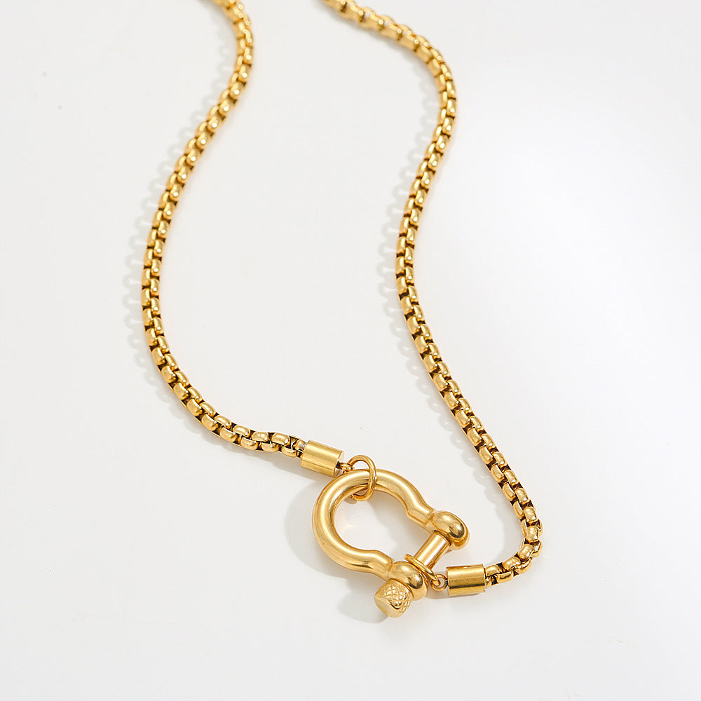 Minimalist Geometric Carabiner Necklace in Stainless Steel with 18K Gold Plating on Pearl Chain for Women