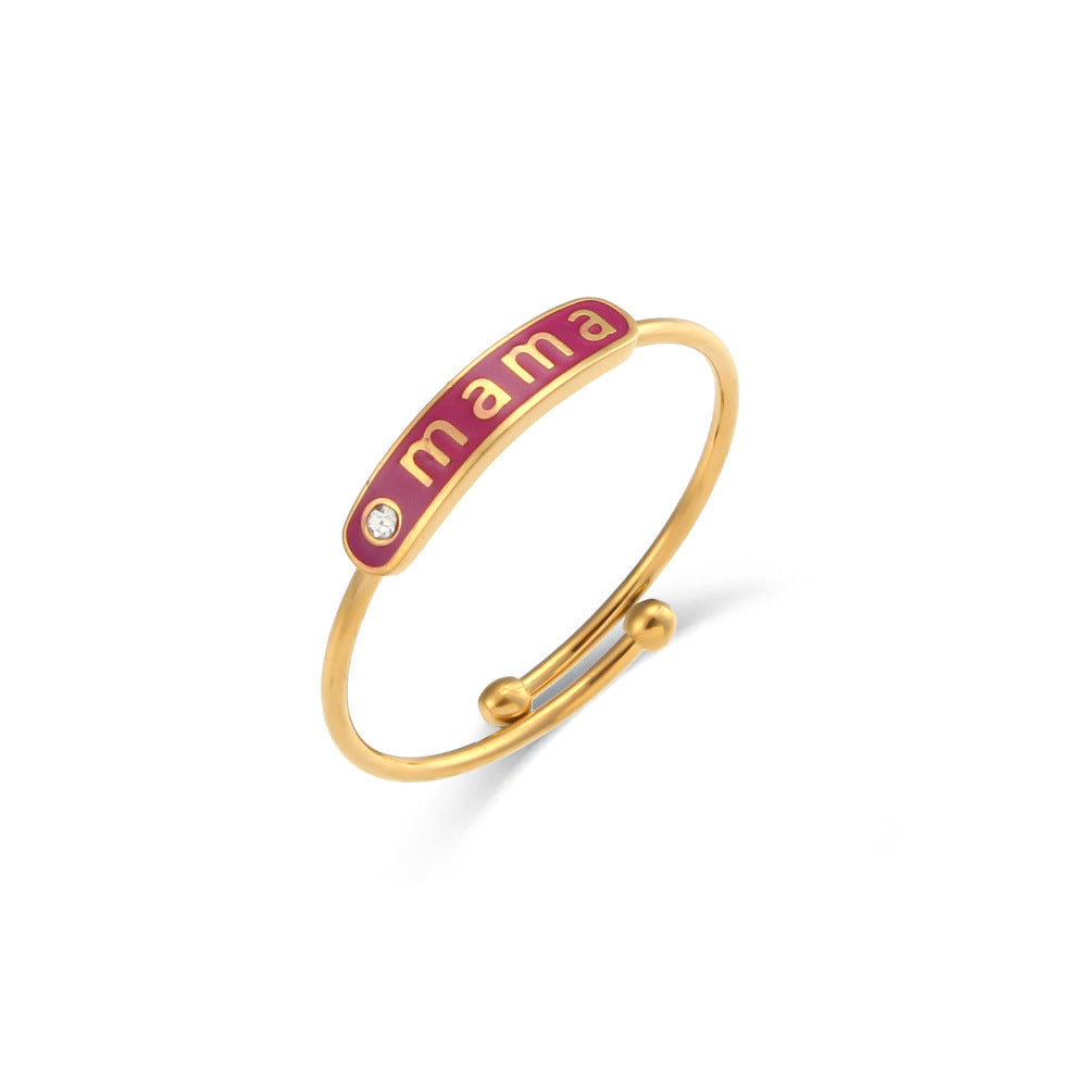 Anillo Ajustable "Mama" de Acero Inoxidable con Baño de Oro de 18K y Acabado Esmaltado, Forma Geométrica, Estilo Casual y a la Moda
