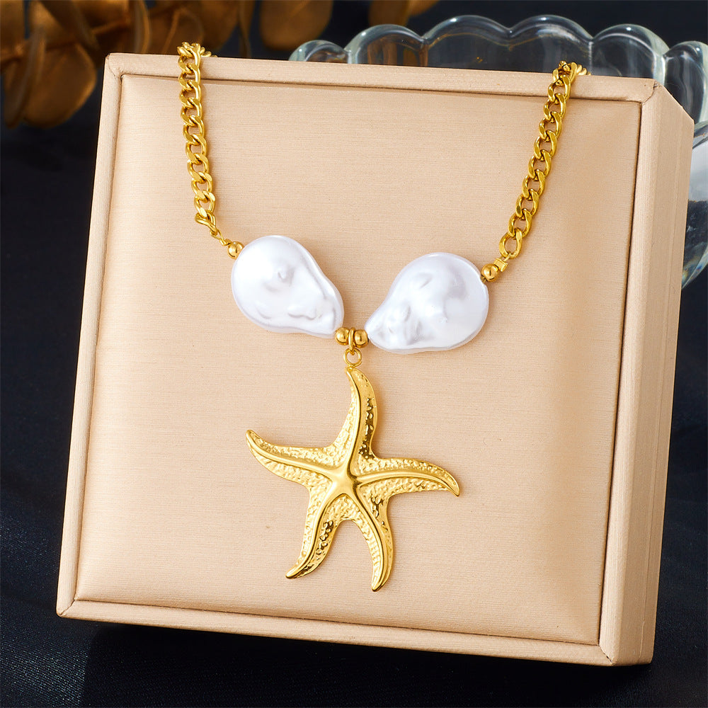 Stainless Steel Plated Star Heart Shell Cherry Sun Fish Pendant Necklace for Women Beach Vacation Style