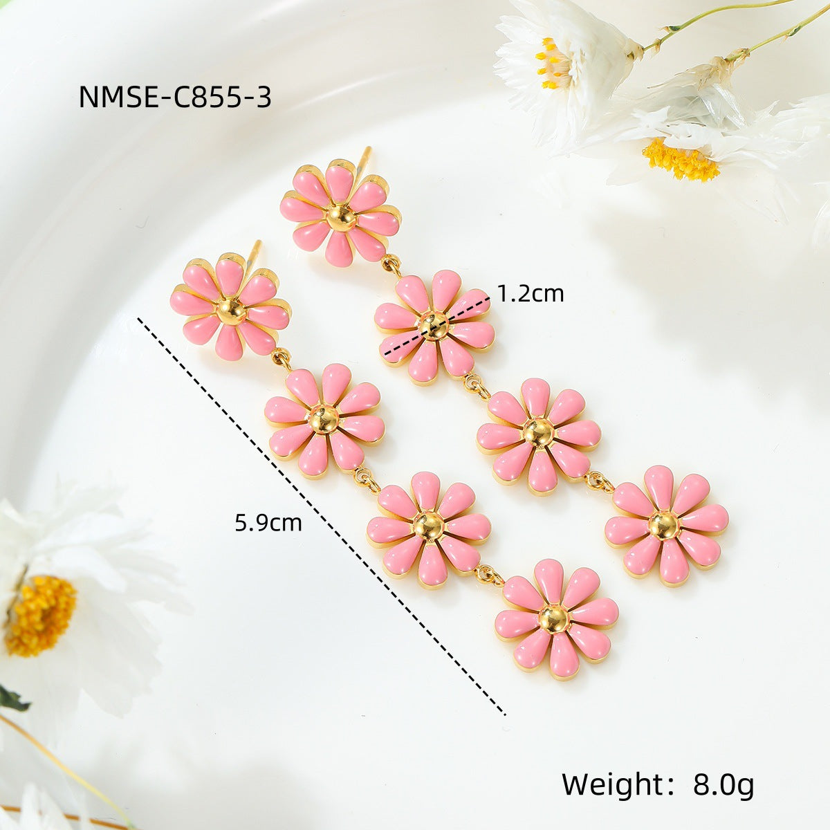 Pendientes Frescos Esmaltados de Margarita Dulce de Acero Titanio para Mujer con Acabado Chapado