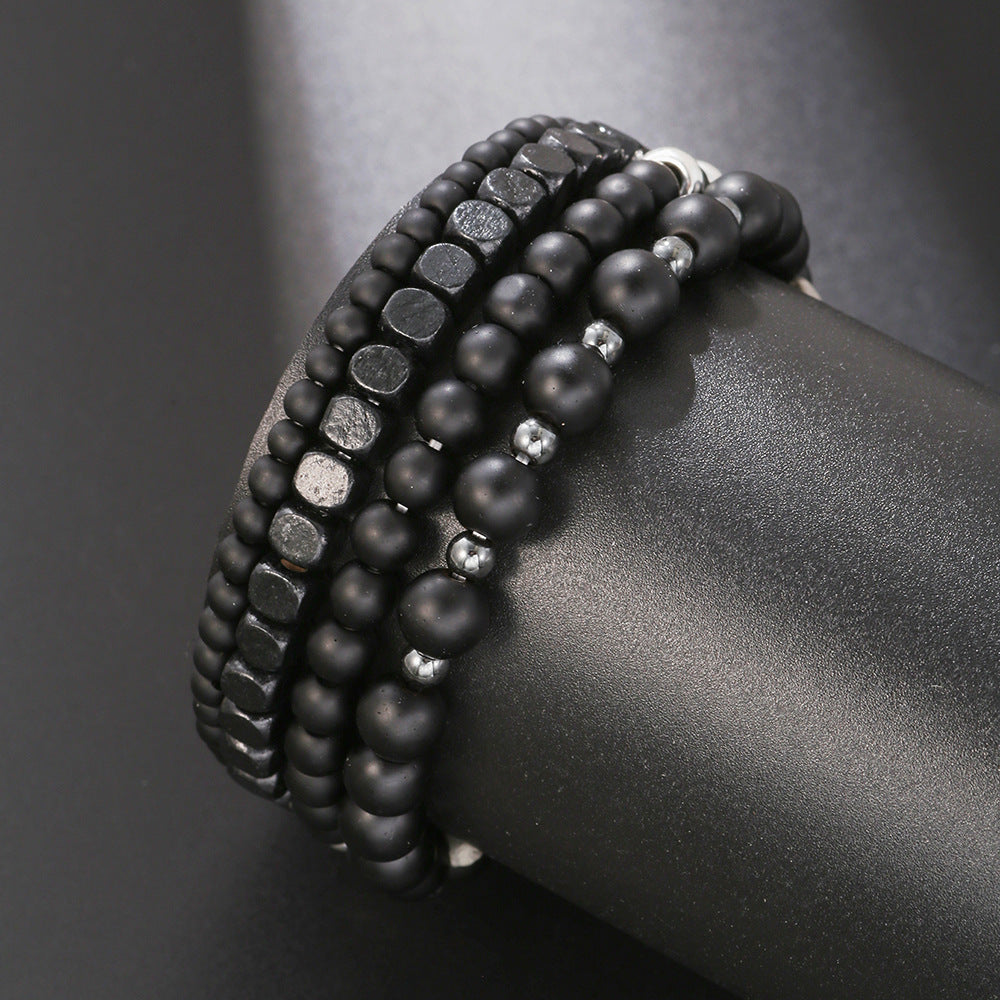 Matte Black Wood Hematite and Agate Beaded Stretch Bracelet Geometric Round Unisex