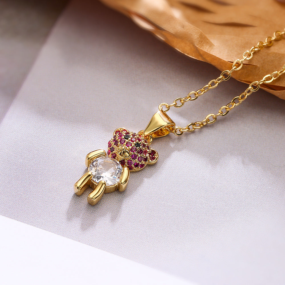 Minimalist Bear-Shaped Copper Pendant Necklace for Women with Cubic Zirconia Accents