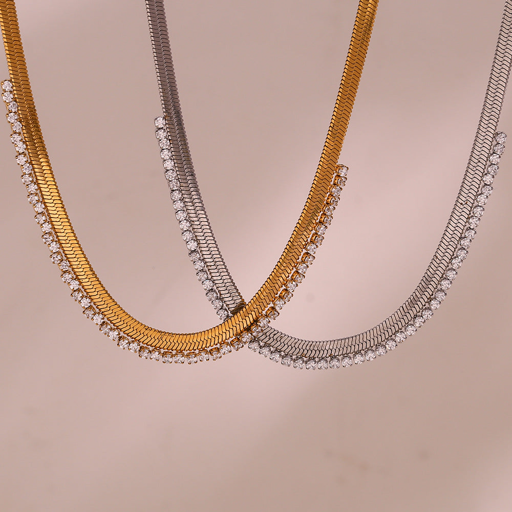 Minimalist Geometric Titanium Steel Plated Gold Fishbone Texture Inlaid Zircon Necklace for Women