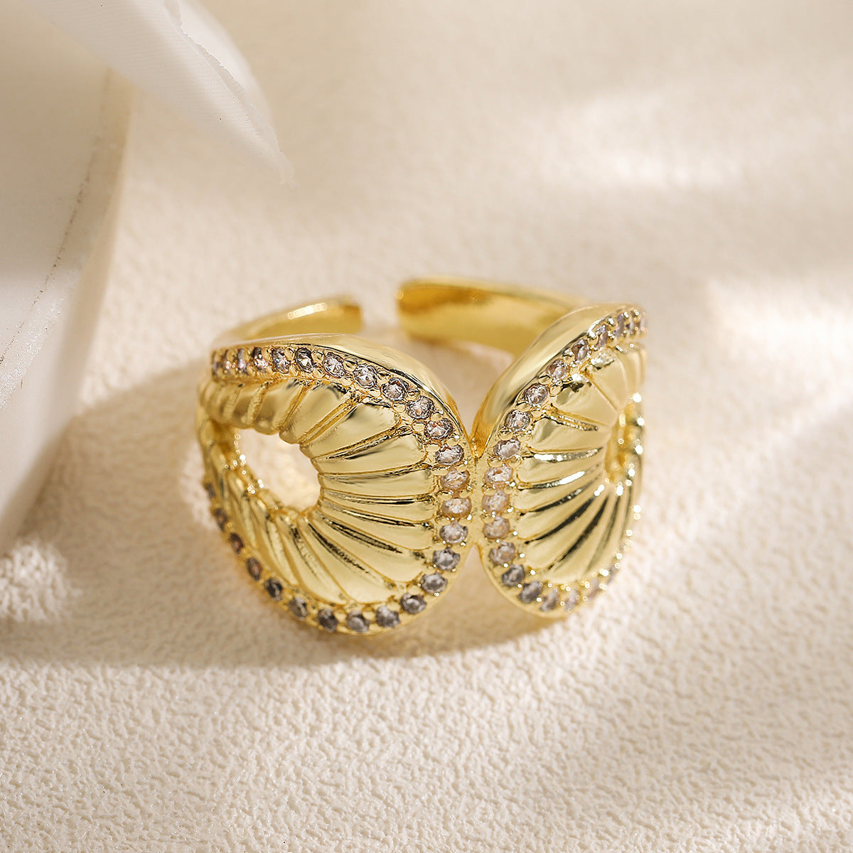 Geometric Open Ring for Women with Copper Base Plated in 18K Gold and Micro-Paved Zirconia, Fashion-Forward Minimalist Design