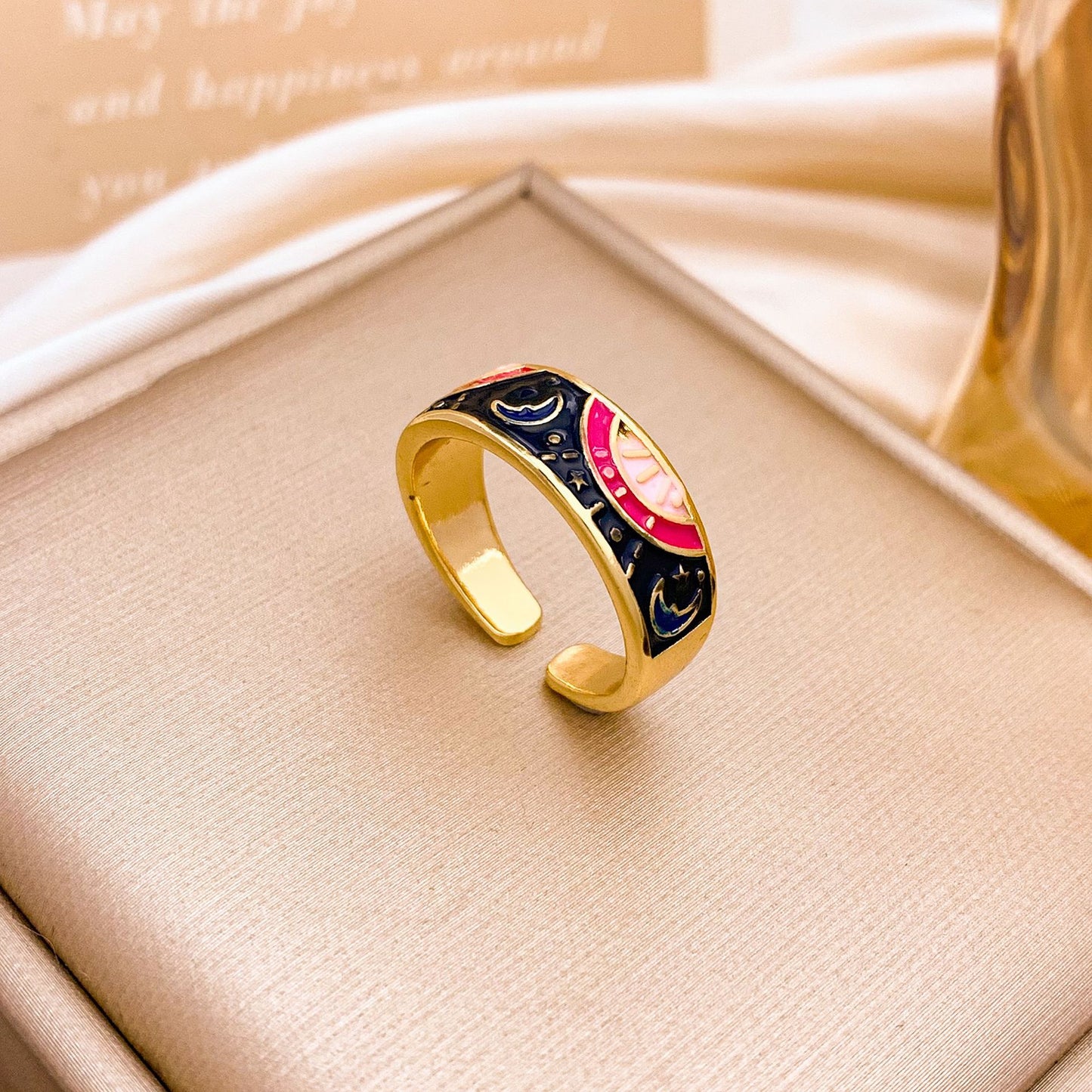 Sweet Minimalist Gold Plated Alloy Ring with Star Moon and Floral Design for Women