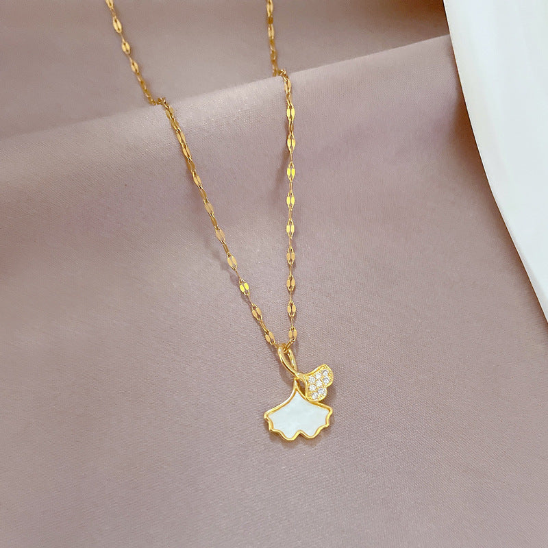 Minimalist Ginkgo Leaf Pendant Necklace in Titanium Steel with Lips Chain for Women and Men