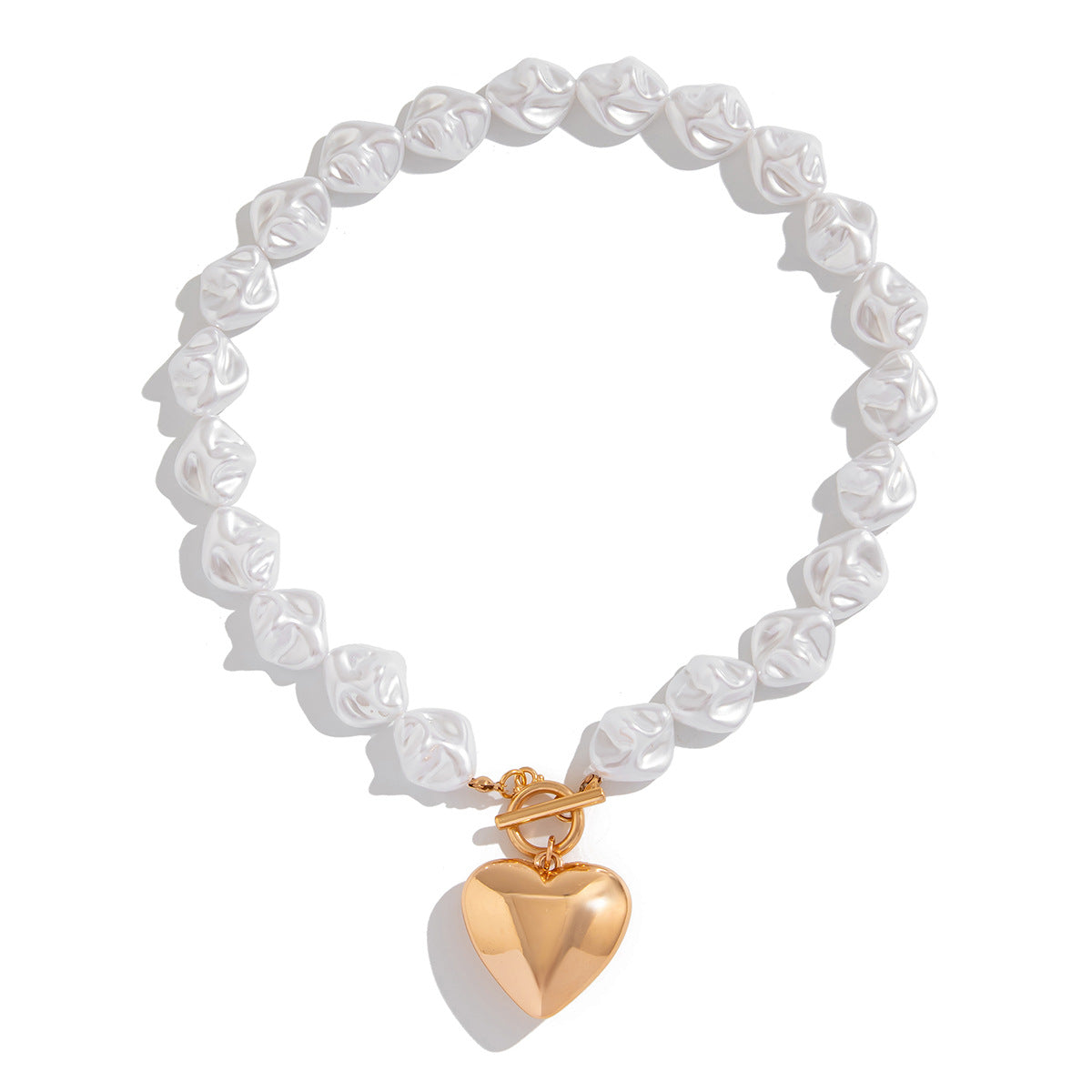 Collar con colgante de aleación con forma de corazón, estilo francés vintage, con acabado chapado y cadena de perlas para mujer