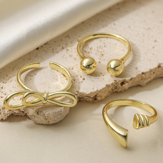 Minimalist Geometric Bowknot Open Ring for Women in Copper with 18K Gold Plating