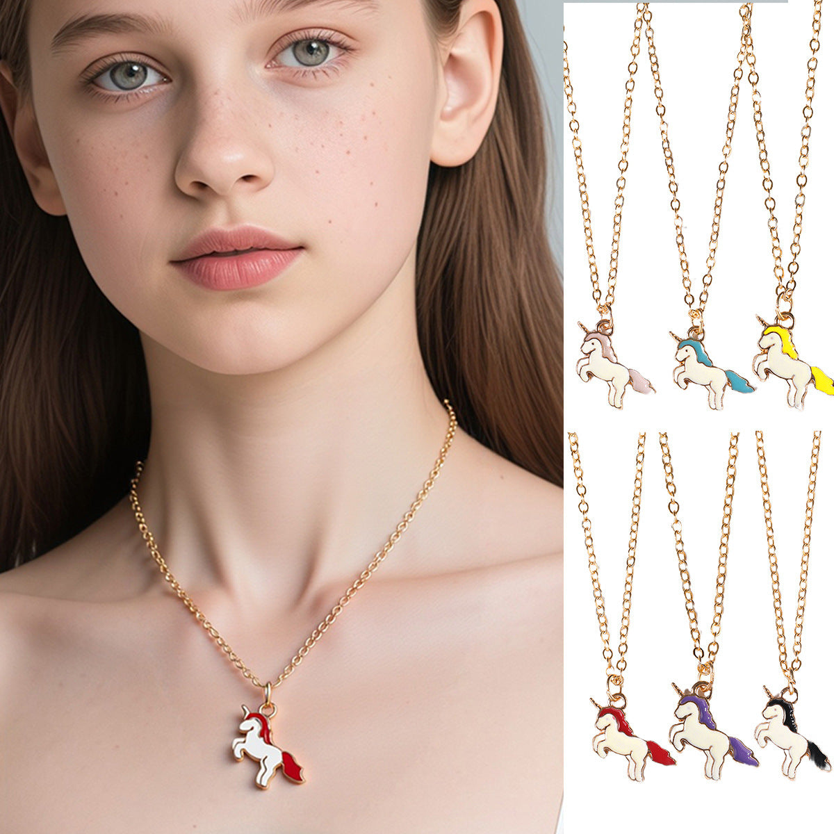 Set di Collane Minimaliste in Lega con Fiocco per Bambini con Ciondoli a Forma di Unicorno Smaltato e Cavallo Cartone Animato