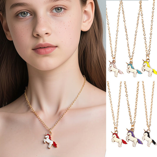 Minimalist Bowknot Alloy Necklace Set for Kids with Enamel Finish Unicorn and Cartoon Horse Pendant Charms