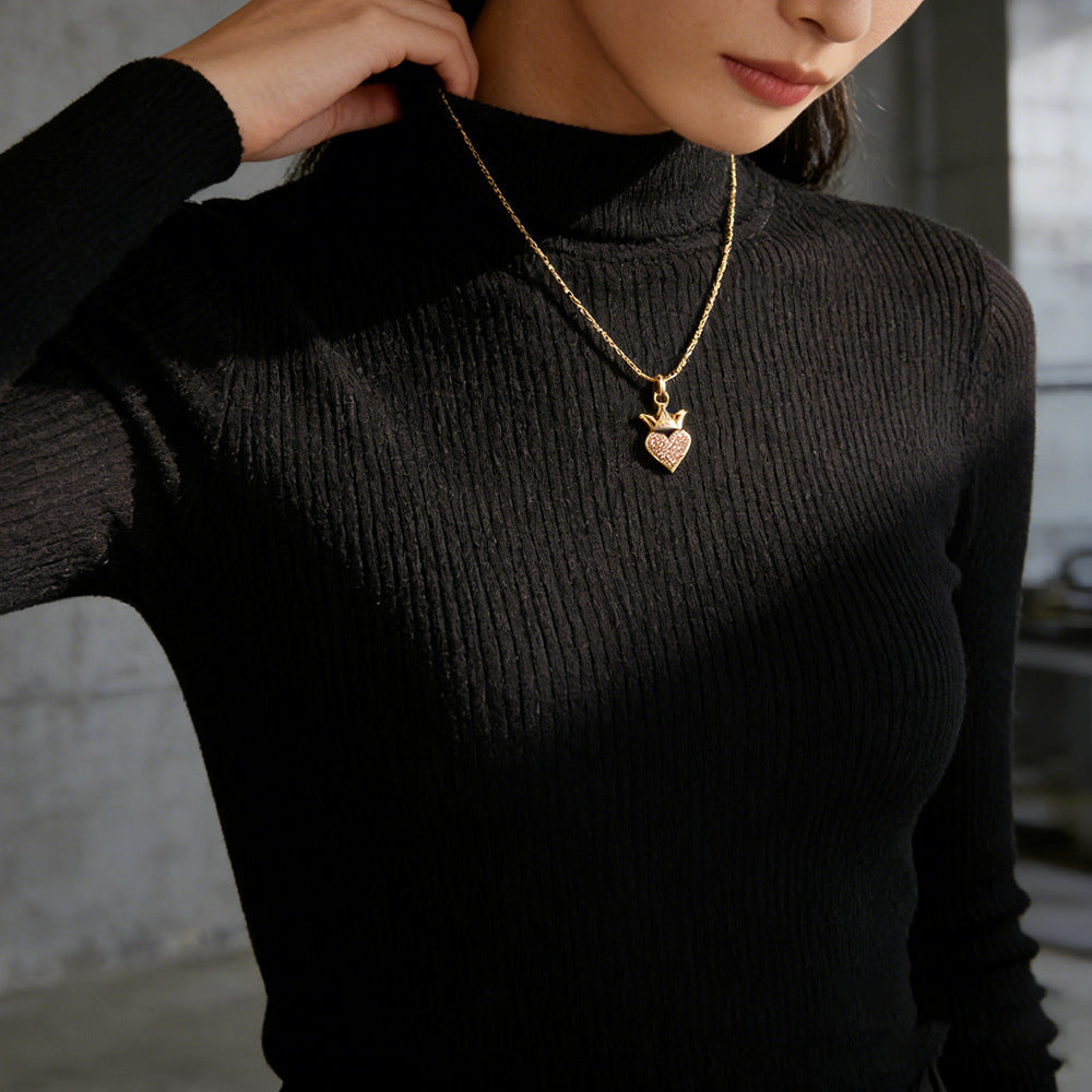 Elegant Heart Brass Cubic Zirconia Pendant Necklace Cable Chain Unisex