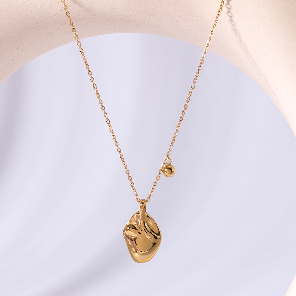 Minimalist Oval Textured Asymmetrical Pendant Necklace in Titanium Steel with 18K Gold Plating for Women