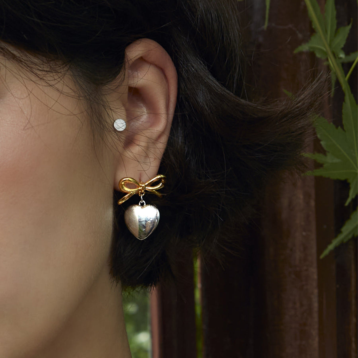 Sweet Two-Tone Heart Butterfly Knot Plated Stainless Steel Earrings for Women