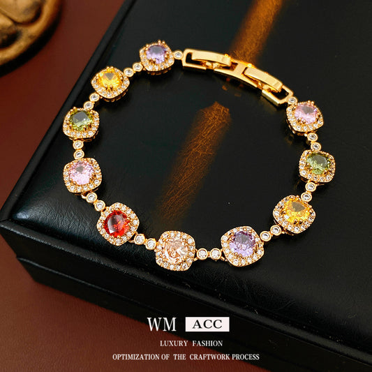 Vintage Square Geometric Brass Bracelet with Cubic Zirconia Inlay for Women