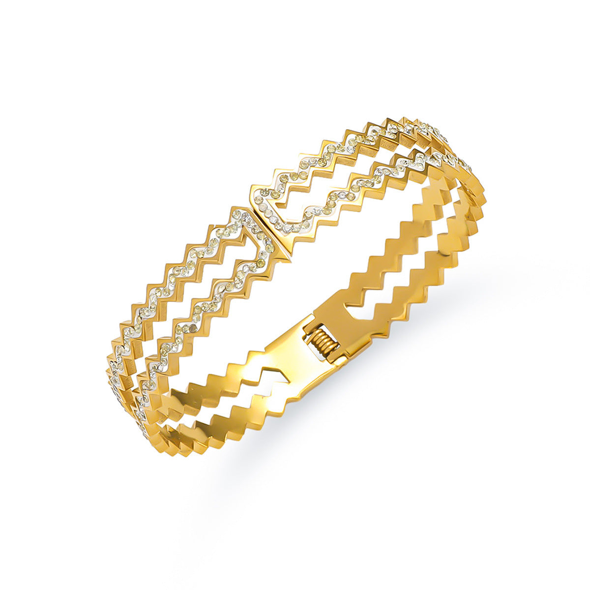 Pulsera rígida abierta vintage de acero inoxidable para mujer con detalles de pedrería y acabado chapado