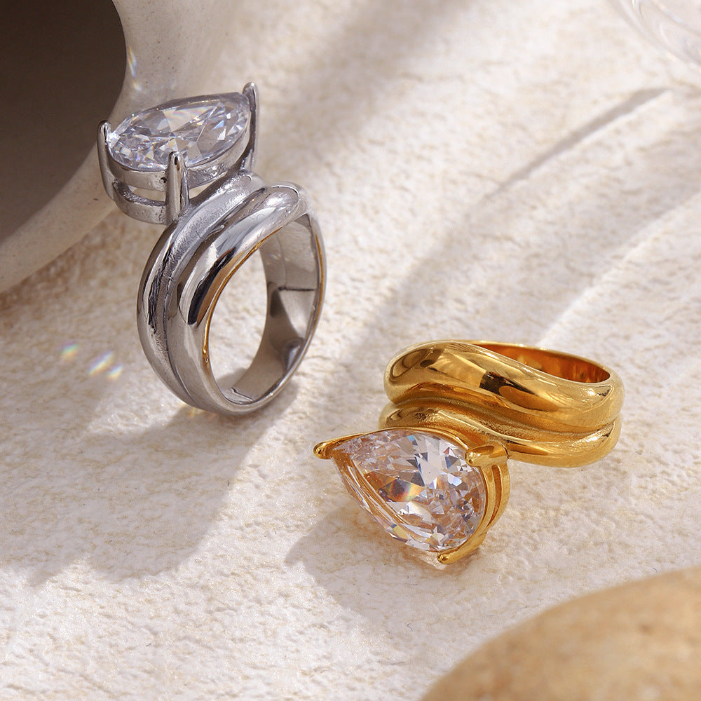 Minimalist Elegant 18K Gold Plated Stainless Steel Double Layer Teardrop Geometric Cubic Zirconia Ring for Women