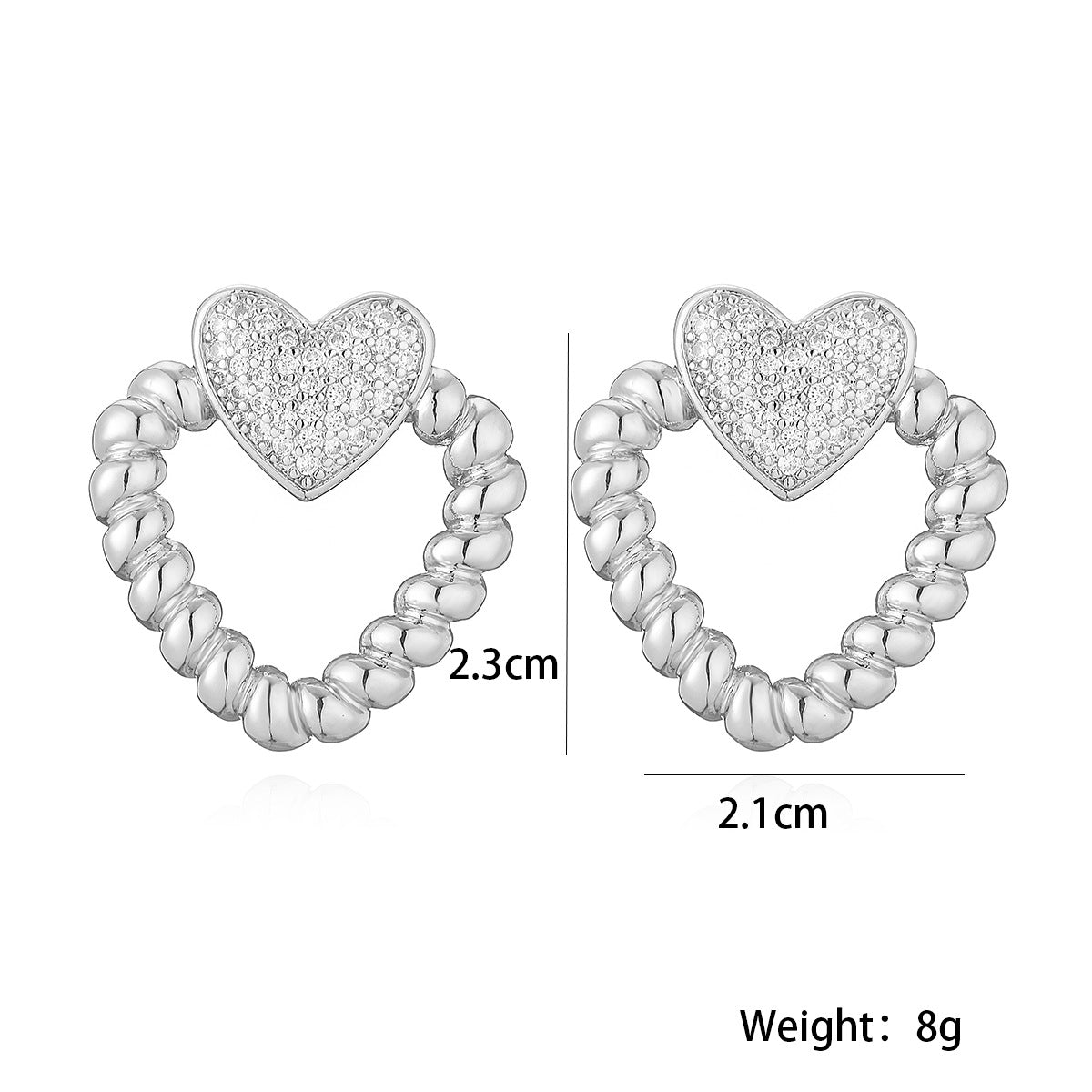Minimalist Hollow Heart Shape Copper Stud Earrings for Women with Micro-Pave Zirconia Accents