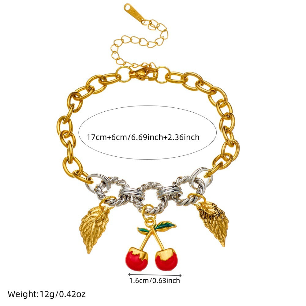 Bracciale pendente in smalto retrò ciliegia con motivi conchiglia, stella marina e granchio in acciaio inossidabile, bracciale di lusso da donna