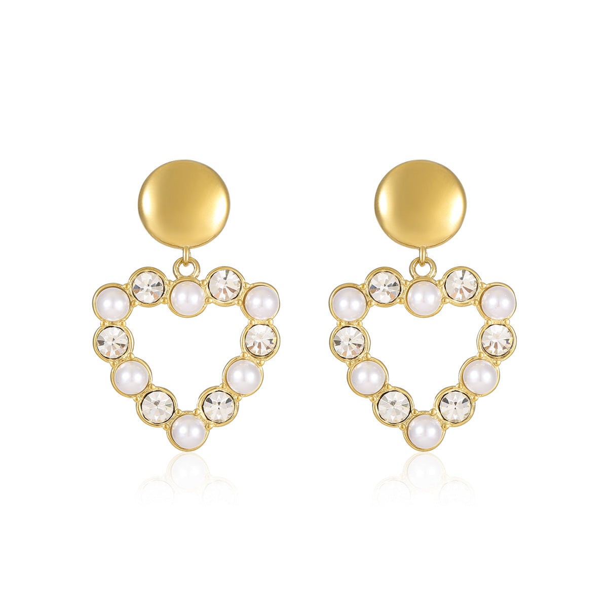 Orecchini a pendente a forma di cuore in acciaio inossidabile alla moda con intarsio di zirconi e perle, finitura placcata, eleganti gioielli per orecchie da donna