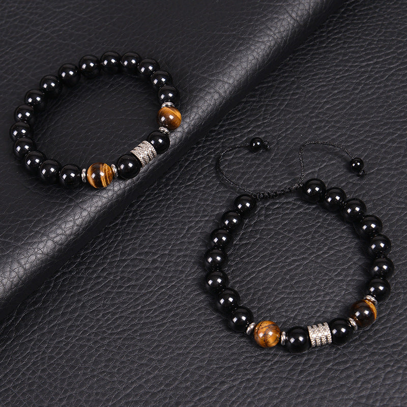 Minimalist Vintage Geometric Round Natural Obsidian Tiger Eye Stainless Steel Bracelet Unisex