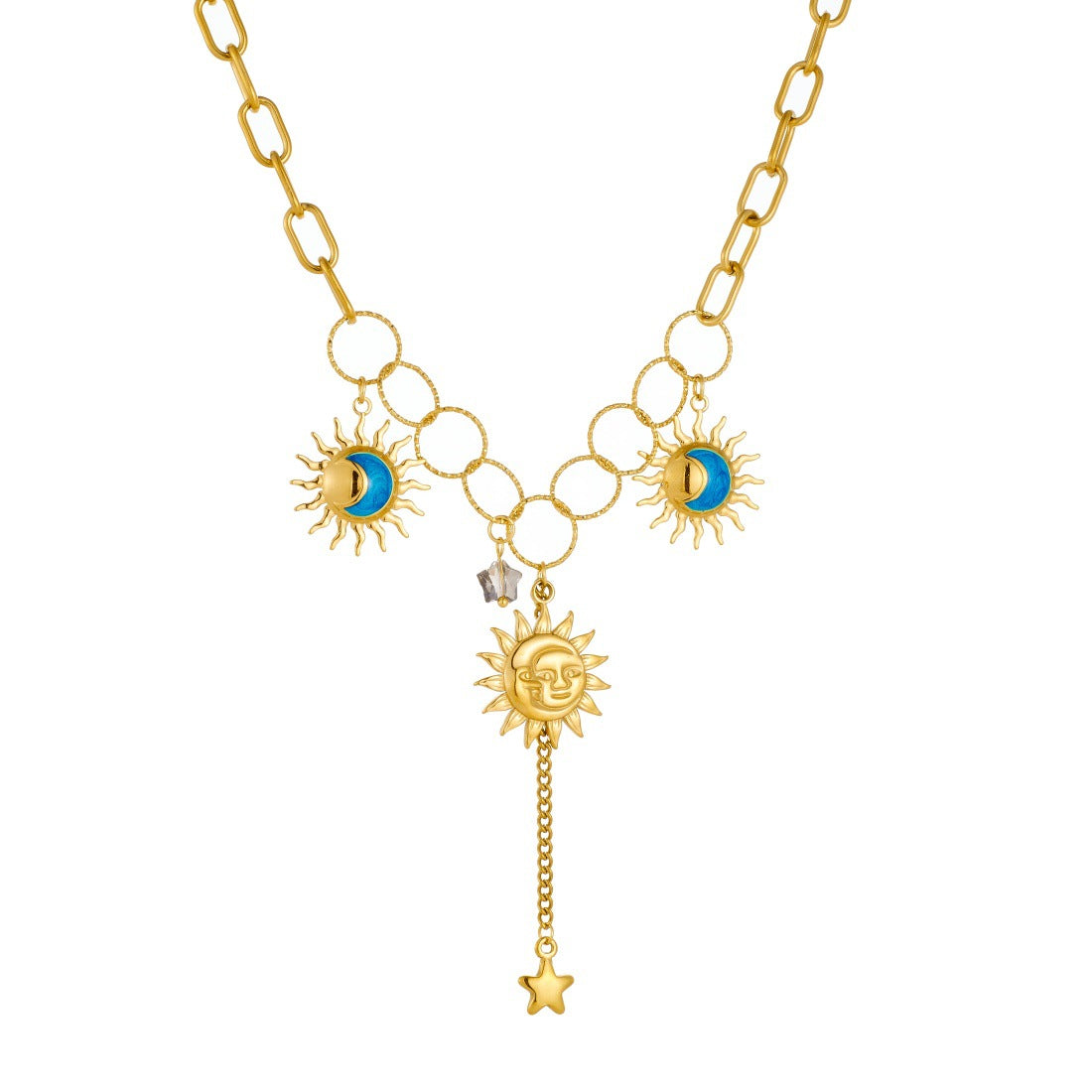 Vintage Plated Star Moon Sun Tassel Asymmetric Stainless Steel Necklace for Women