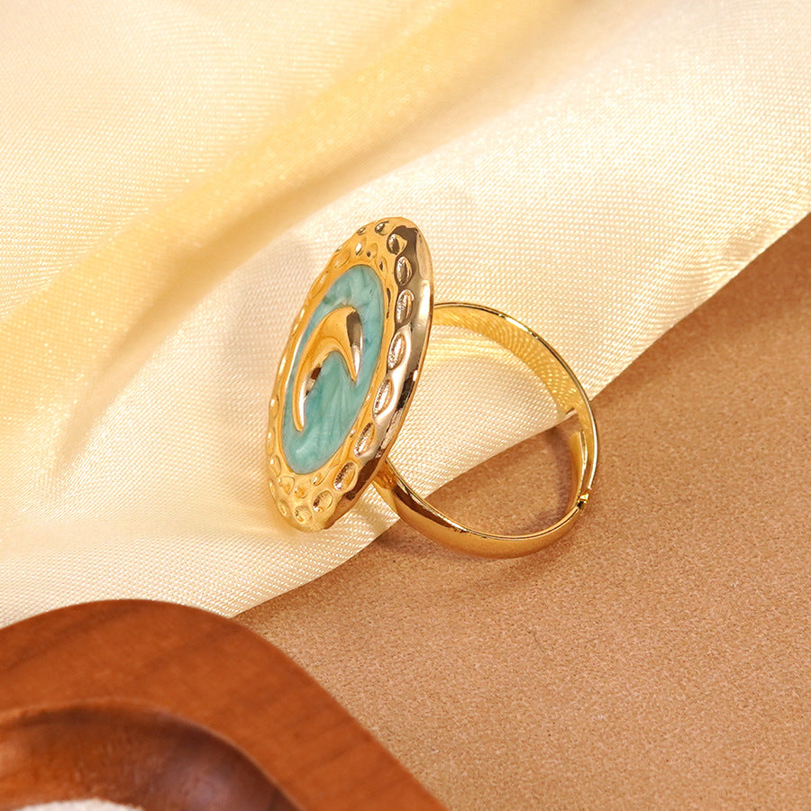 Elegant Geometric Moon Drip Oil Stainless Steel Ring for Women